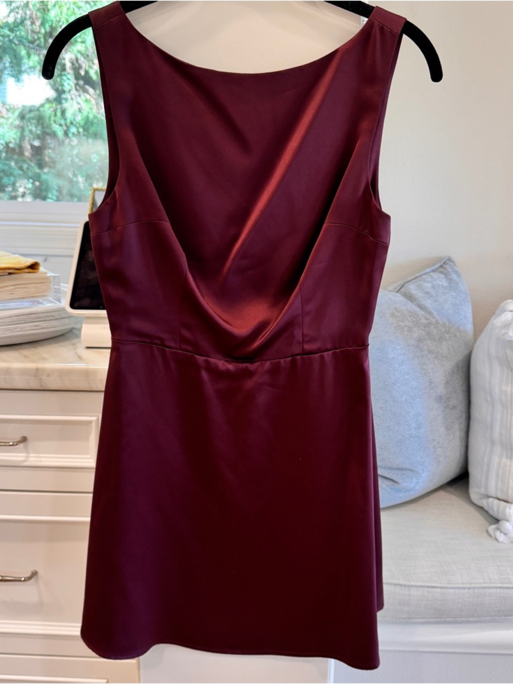 Reformation Satin Cowl Neck Mini Dress in Burgundy